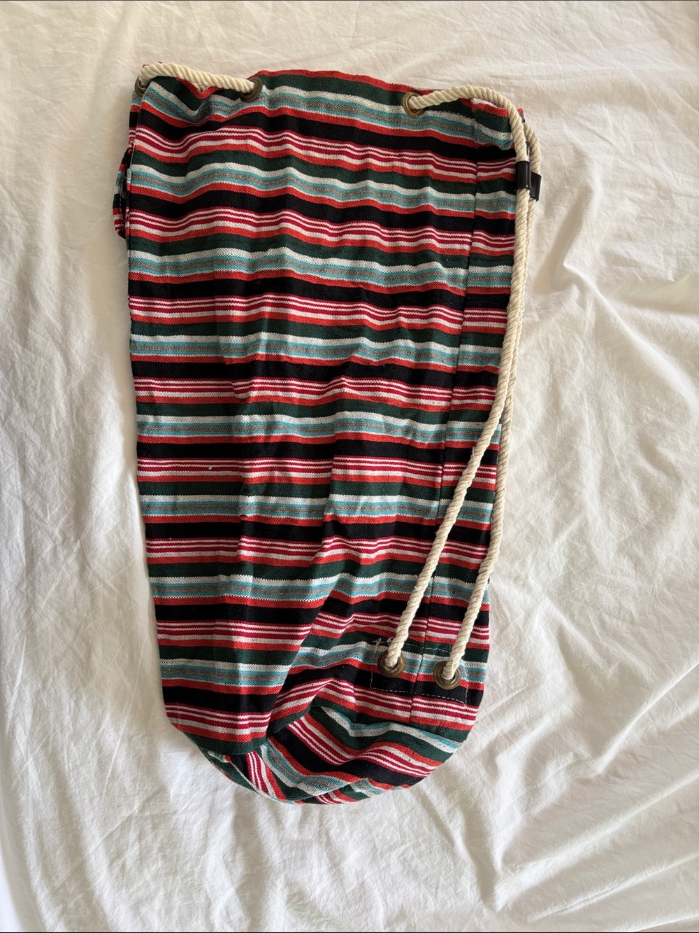 Striped Beach Bag with Drawstring and Pocket in Red, Teal & Black